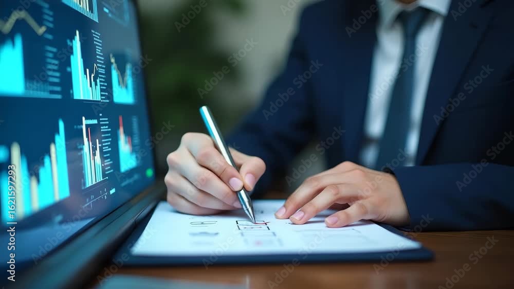Poster business performance monitoring: businessman using laptop for online surveys, digital checklists, qu
