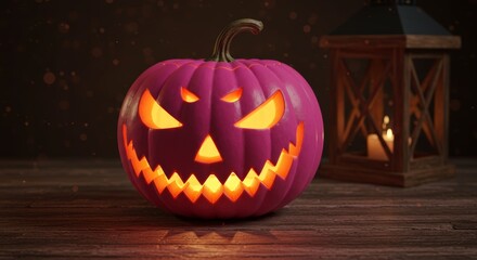 Obraz premium pooky pink jack-o'-lantern with sinister grin glows on wooden table. Beside it, vintage lantern casts warm light, surrounded by autumn leaves, eerie Halloween scene for greeting card, banner
