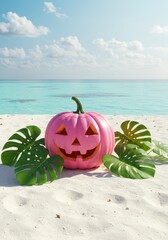 Concept of tropical Halloween celebration. Pink jack-o'-lantern with glowing carved face, monstera and palm fronds on white sand beach. Creative seasonal greetings or travel concept