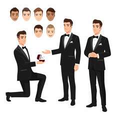 Obraz premium Elegant grooms proposing marriage with ring, diverse groomsmen, wedding, love and commitment celebration