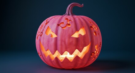 modern twist on Halloween classic. Spooky pink jack-o'-lantern, with evil grin, candle glowing. Its eerie light reflects on dark surface, creating moody scene. Concept for banner and greeting card