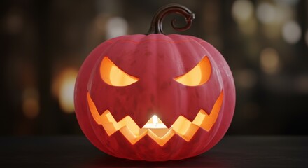 modern twist on Halloween classic. Spooky pink jack-o'-lantern, with evil grin, candle glowing. Its eerie light reflects on dark surface, creating moody scene. Concept for banner and greeting card