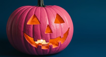 modern twist on Halloween classic. Spooky pink jack-o'-lantern, with evil grin, candle glowing. Its eerie light reflects on dark surface, creating moody scene. Concept for banner and greeting card
