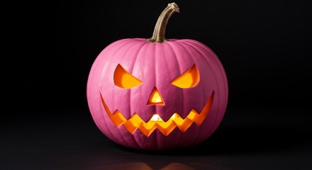 modern twist on Halloween classic. Spooky pink jack-o'-lantern, with evil grin, candle glowing. Its eerie light reflects on dark surface, creating moody scene. Concept for banner and greeting card