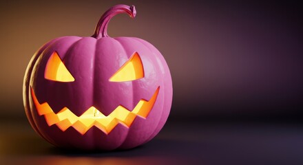 modern twist on Halloween classic. Spooky pink jack-o'-lantern, with evil grin, candle glowing. Its eerie light reflects on dark surface, creating moody scene. Concept for banner and greeting card