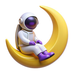 3d  render of astronaut sitting on crescent moon isolated on transparent background
