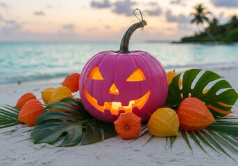 Surreal concept of tropical Halloween celebration. Pink jack-o'-lantern with glowing carved face, monstera and palm fronds on white sand beach. Creative seasonal greetings or travel concept