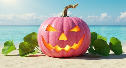 Surreal concept of tropical Halloween celebration. Pink jack-o'-lantern with glowing carved face, green leaves on white sand beach. Creative seasonal greetings or travel concept