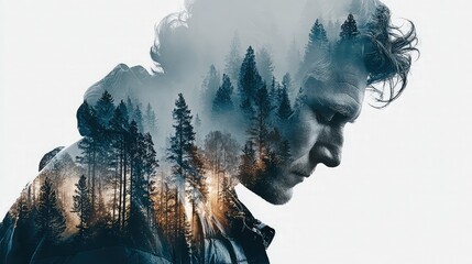 Manâ€™s silhouette with double exposure of forest scenery. 