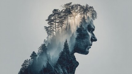 Manâ€™s silhouette with double exposure of forest scenery. 