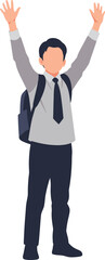 Young student with arms raised in celebration wearing a backpack and school uniform.
