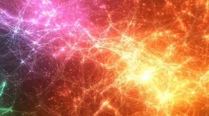 Vibrant cosmic network glowing with multicolored threads and scattered celestial lights
