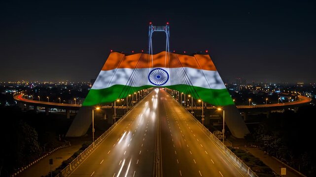 The howrah bridge in kolkata, india, is illuminated with the colors of the indian flag at night, creating a vibrant and patriotic scene, symbolizing the nations pride and heritage
