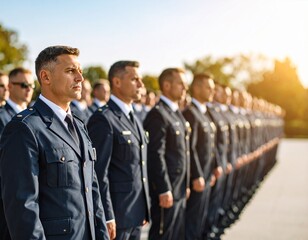 A respectful, wide shot of a line of police officers in dress uniform standing at attention during a formal ceremony. 