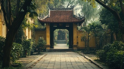Fototapeta premium Asian temple gate, pathway, mist-shrouded garden, tranquil atmosphere, possible use tourism, travel