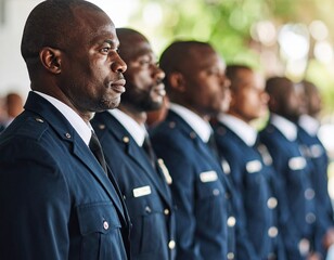 A respectful, wide shot of a line of police officers in dress uniform standing at attention during a formal ceremony. 