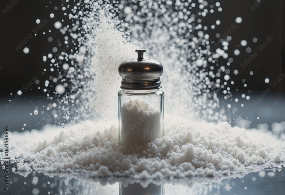 Poster salt crystals exploding from a shaker, creating a dynamic display of white granules