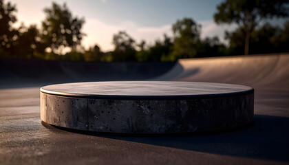 A circular concrete platform sits in a skate park, bathed in warm light against a backdrop of trees and ramps.