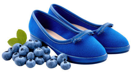 Berry-Adorned Flats: A pair of elegant, sky-blue flats rest gracefully beside a gathering of plump, fresh blueberries. The composition evokes a sense of natural elegance, freshness.