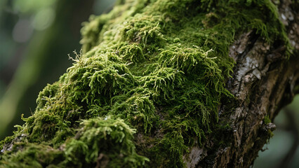 A close up shot of a tree branch covered in green moss in a forest with a blurred background