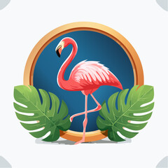 Obraz premium Elegant Flamingo Illustration with Tropical Leaves and Golden Frame Background