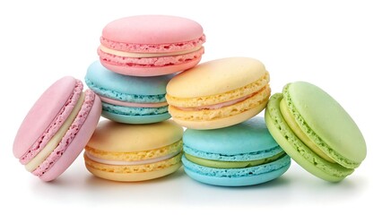 A stack of colorful macarons in pastel shades on a white background creating a sweet dessert scene