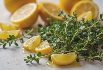 Fresh lemon thyme with citrusy herb pieces and bright oil droplets