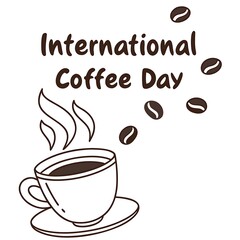 Hand drawn illustration of a steaming cup of coffee with coffee beans for international coffee day celebration