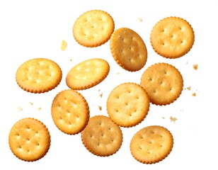Round crackers in mid-air, scattered