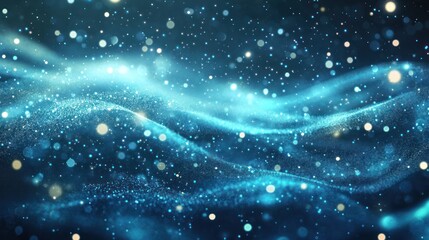 Wavy blue particles sparkle against a dark backdrop