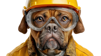 Builder Dog: A close-up, high-angle view of a dog dressed as a builder, with a yellow safety helmet and protective glasses.