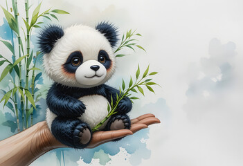 Fototapeta premium Charming and fun watercolor art featuring a cute panda enjoying a bamboo stick, against a soft, colorful backdrop.
