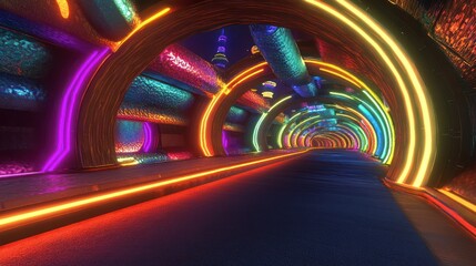 A colorful tunnel with neon lights, leading into the distance with a distant tower visible