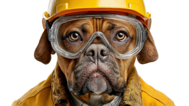 Builder Dog: A close-up, high-angle view of a dog dressed as a builder, with a yellow safety helmet and protective glasses.