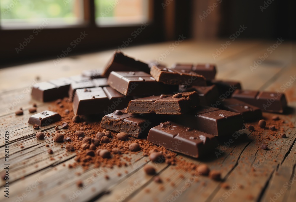 Poster dark chocolate bar shattering into angular pieces with cocoa dust explosion