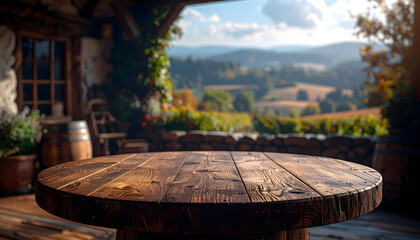 A rustic wooden table set against a blurred vineyard backdrop evokes a sense of tranquility and rural charm.