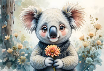 A sweet watercolor koala holding a vibrant flower, with soft textures and a gentle smile, against a bright, clean background.