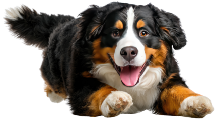 Energetic Bernese Mountain Dog in Playful Action: A captivating shot capturing a Bernese Mountain Dog in a state of exuberant, lively, energetic action, embodying the essence of joy and freedom.