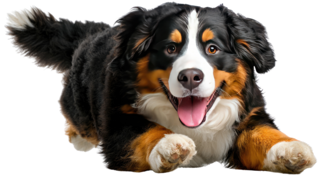 Energetic Bernese Mountain Dog in Playful Action: A captivating shot capturing a Bernese Mountain Dog in a state of exuberant, lively, energetic action, embodying the essence of joy and freedom.