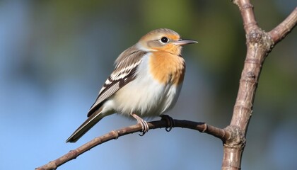 Fototapeta premium A small songbird with orange breast and white belly perched on a branch, vivid detail and bokeh background, wildlife photography in natural light