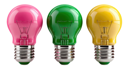 Color Spectrum of Illumination: Three vibrant, spherical light bulbs shine, each with a distinct hue—magenta, green, and yellow—a visual feast celebrating the spectrum of possibilities. 