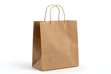 Brown paper shopping bag with twisted paper handles on white background