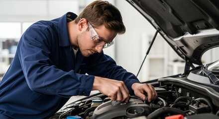 Mechanic Inspecting Car Engine: Focused Technician in Protective Eyewear.