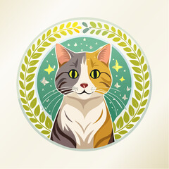 Charming Calico Cat Portrait in Circular Frame with Leaf Wreath and Star Accents Design
