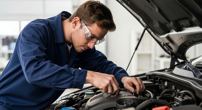 Mechanic Inspecting Car Engine: Focused Technician in Protective Eyewear.