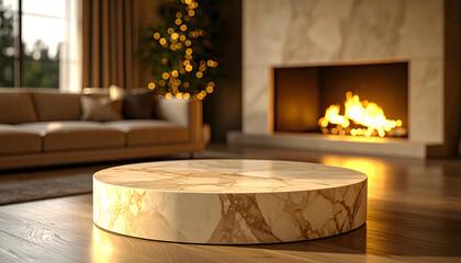 A luxurious marble platform stands in a warm, inviting living room with a fireplace, creating a sophisticated and cozy atmosphere.