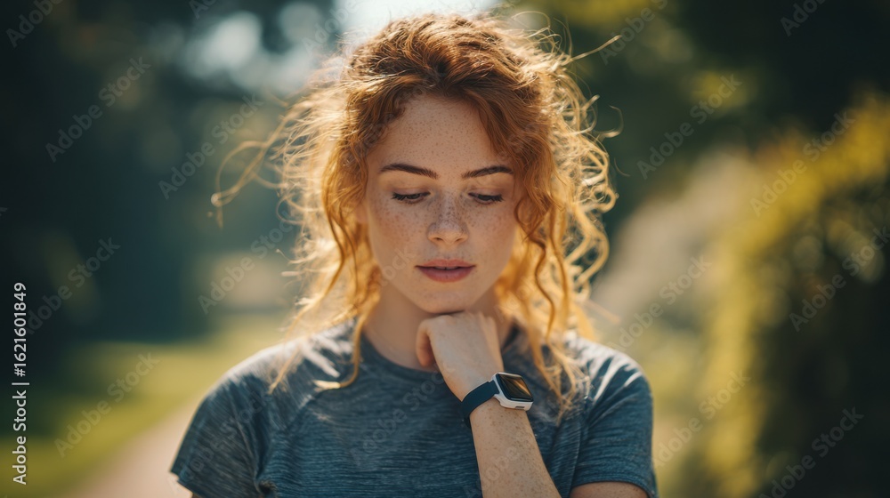 Aufkleber close medium shot of a jogger pausing midrun eyes locked on a wrist devices motivation bar that dips