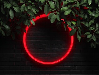 Red Neon Circle on Brick Wall with Green Foliage
