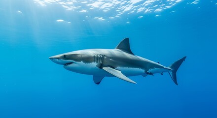 Fototapeta premium Majestic Great White Shark Swimming Gracefully in Deep Blue Ocean Waters