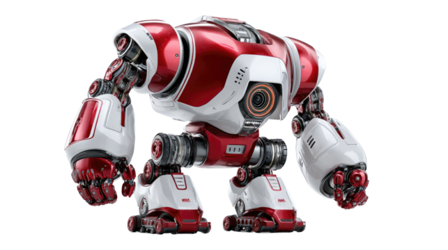 Red and White Robot: A futuristic robot, blending red and white color scheme with metallic finish, stands with a powerful stance, embodying technological advancement and modern design.